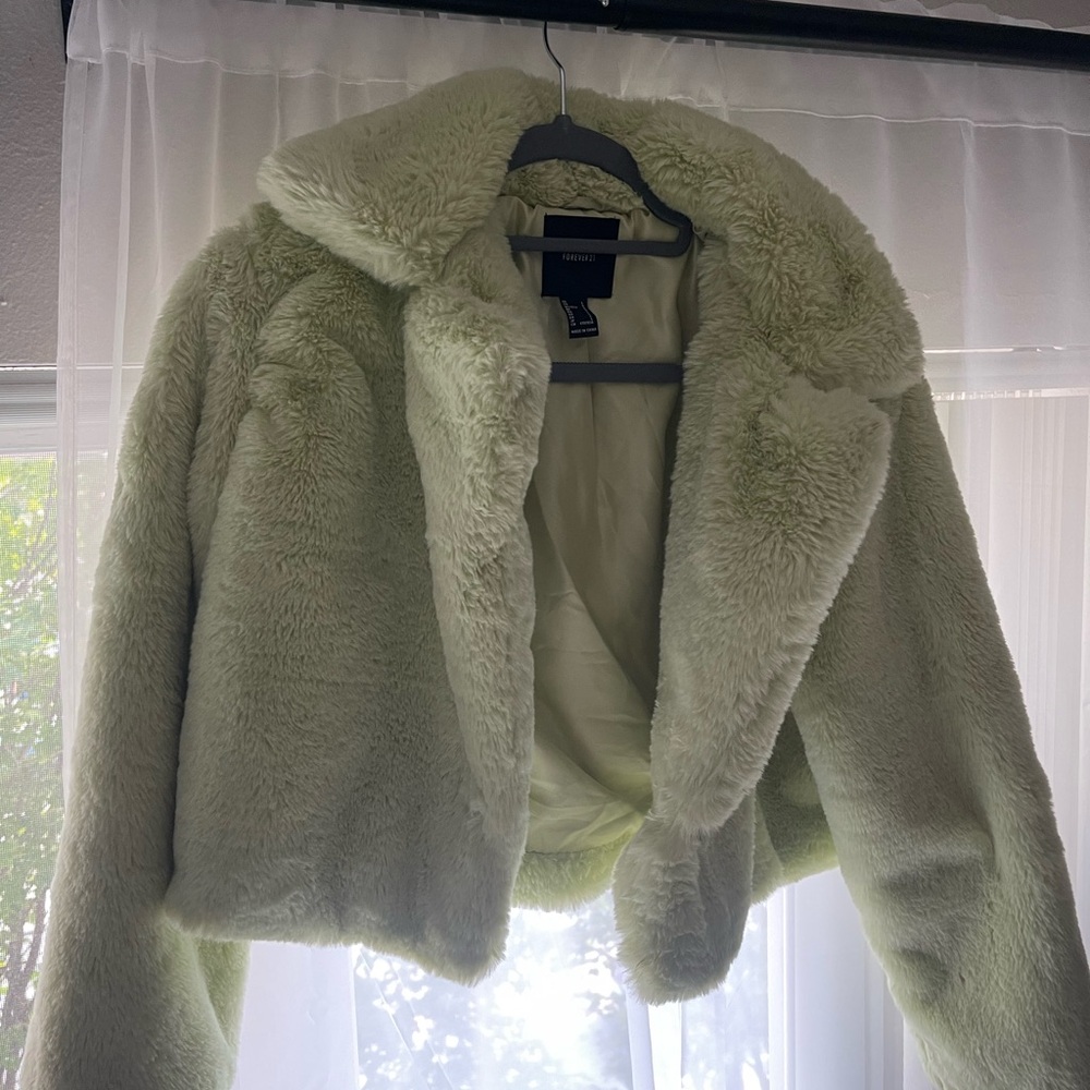 Forever 21 Light Sage Faux Fur Cropped Jacket
